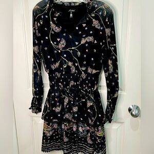 Aqua Black and multicolor paisley tiered ruched v neck long sleeve dress XS